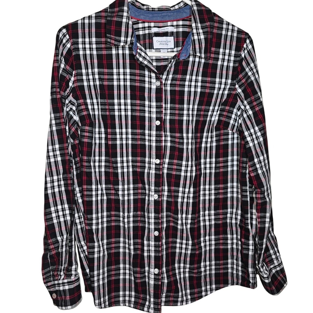 Charter Club Shirt Shop Relaxed Fit Women's Size 12 Black White Red Plaid Blouse